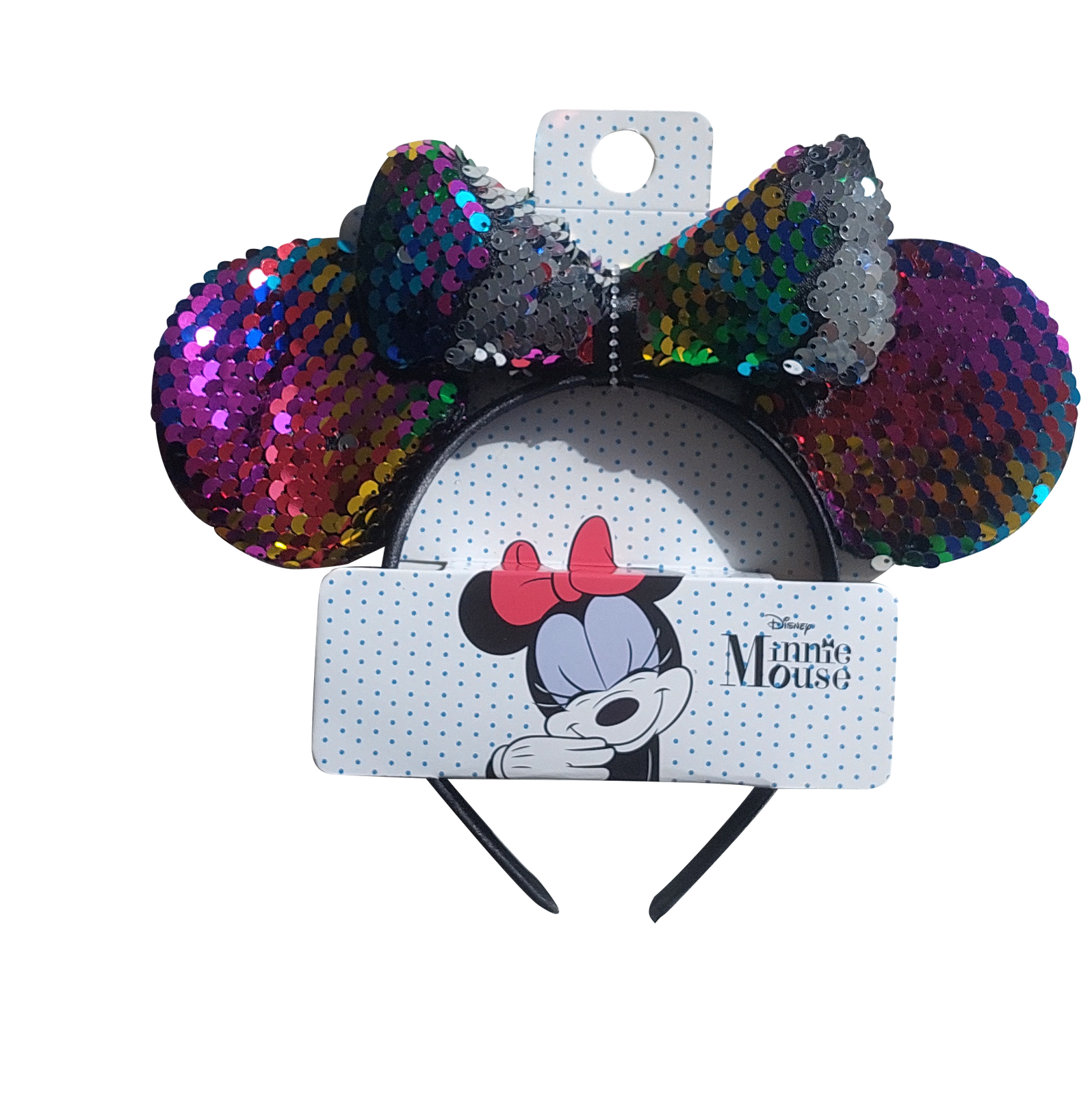 Vincha Minnie con orejas y moño de lentejuelas multicolor