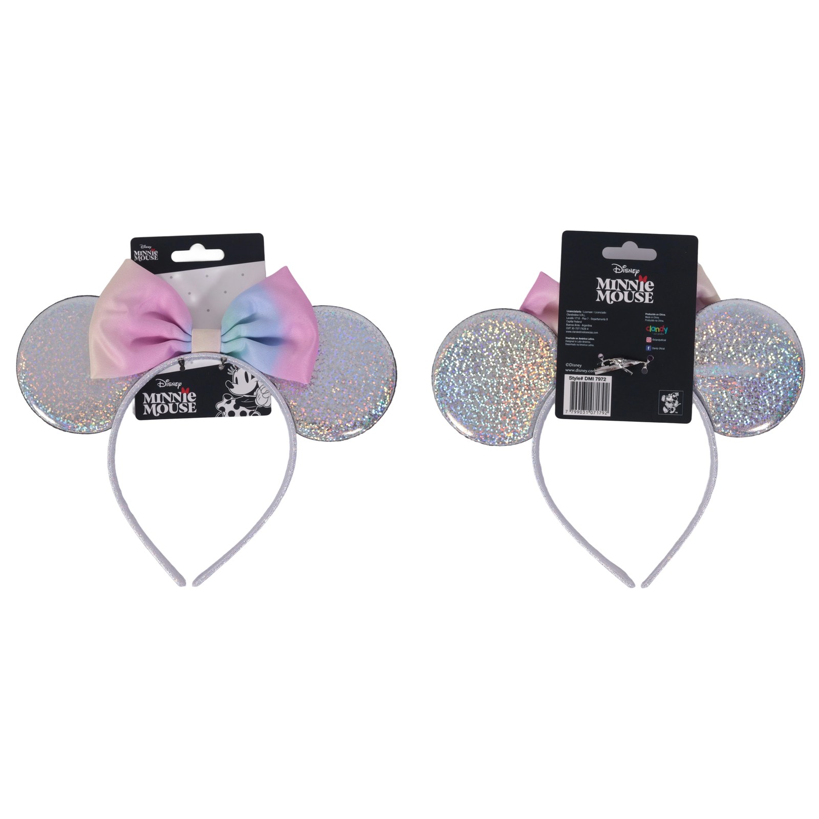 Vincha Minnie con orejas plateadas brillantes y moño pastel