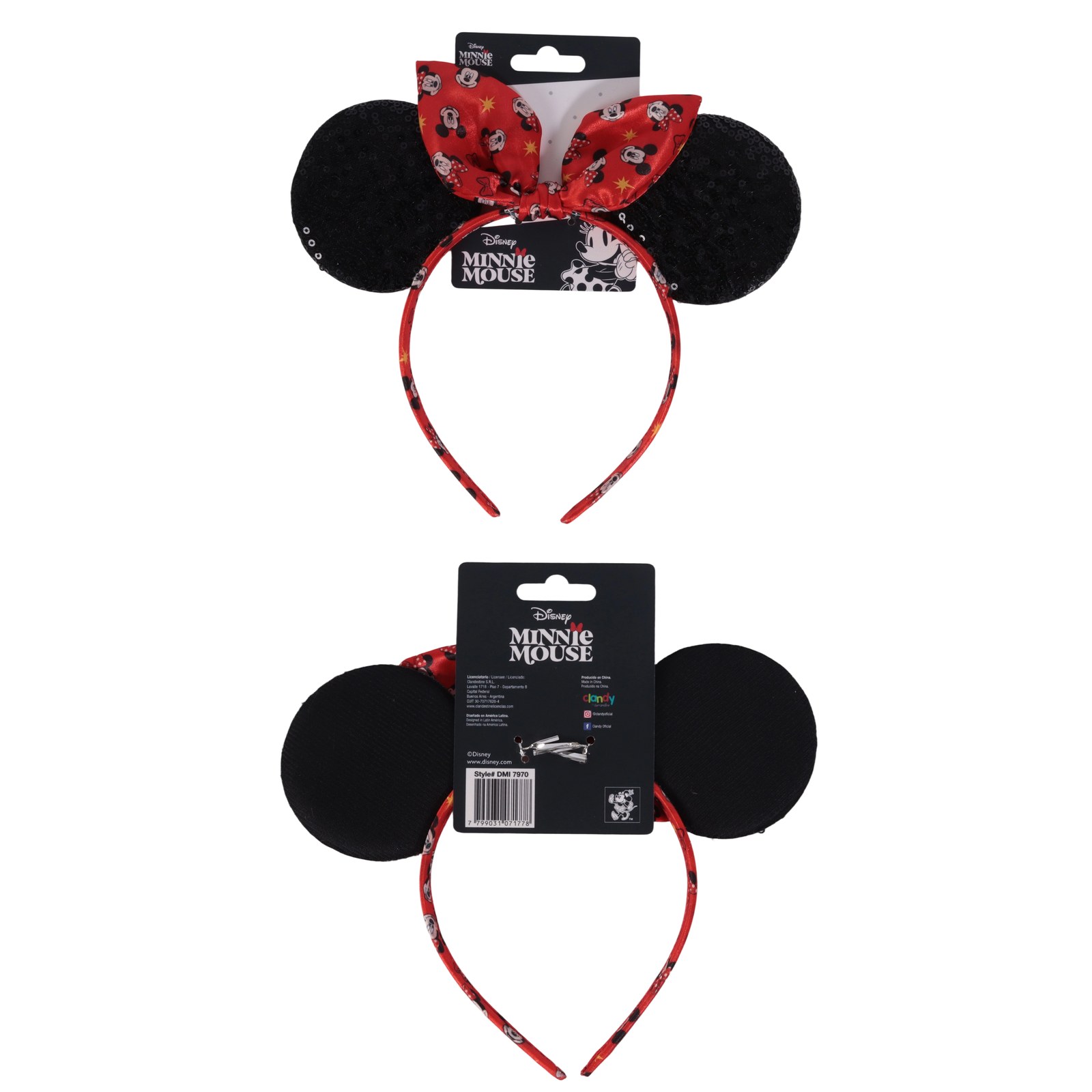 Vincha Minnie con orejas de lentejuelas negras y moño rojo estampado